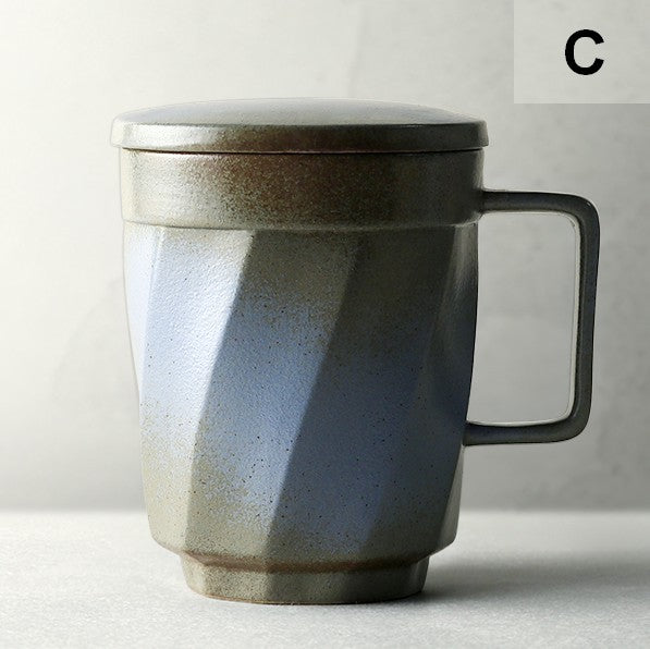 Unique Tea Cup, Large Capacity Coffee Mug with Cover, Large Modern Handmade Pottery Coffee Cup, Creative Brown Green Blue Black Ceramic Coffee Mugs-Grace Painting Crafts