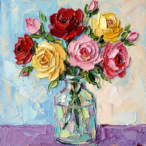 Small Canvas Artwork for Sale, Rose Flowers in Full Bloom, Impasto Heavy Texutre Art, Still Life Painting, Hand Painted Canvas Art, Original Flower Paintings-Grace Painting Crafts