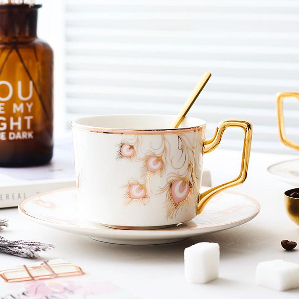 Peacock Tail Pattern Porcelain Coffee Cups, British Tea Cups, Coffee Cups with Gold Trim and Gift Box, Tea Cups and Saucers-Grace Painting Crafts