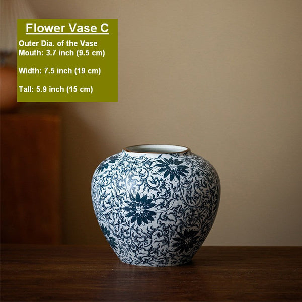 Centerpiece on Dining Table, Large Blue Flower Vase on Table, Vintage Bouquet Flower Vases, Handmade Porcelain Flower Vases Urn, Water Holding Flower Vases-Grace Painting Crafts