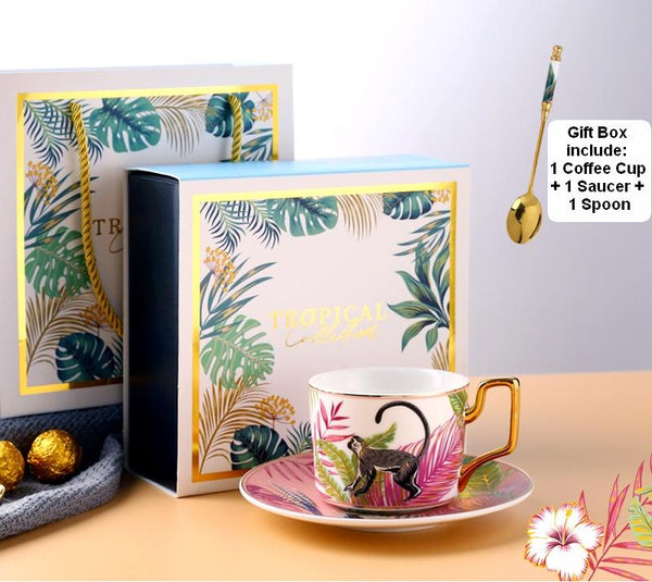 Coffee Cups with Gold Trim and Gift Box, Jungle Leopard Pattern Porcelain Coffee Cups, 7.4 oz Tea Cup and Saucer-Grace Painting Crafts