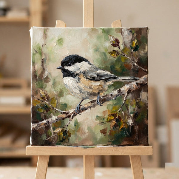 Hand Painted Canvas Art, Chickadee Bird Painting, Heavy Texture Painting, Small Art on Canvas, Miniature Wall Art, Original Painting on Canvas-Grace Painting Crafts