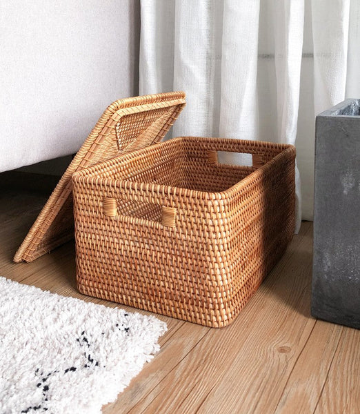 Woven Rectangular Storage Baskets, Rattan Storage Basket with Lid, Storage Baskets for Clothes, Extra Large Storage Baskets for Shelves-Grace Painting Crafts
