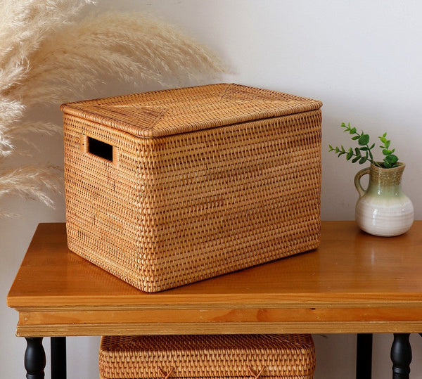 Rectangular Storage Basket with Lid, Kitchen Storage Baskets, Rattan Storage Baskets for Clothes, Storage Baskets for Living Room-Grace Painting Crafts