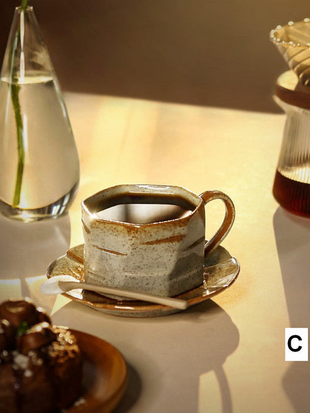 Modern Handmade Pottery Coffee Cup, Creative Ceramic Coffee Cup with Saucer, Unique Tea Cup and Saucer, Tea Cup Set for Afternoon Tea-Grace Painting Crafts