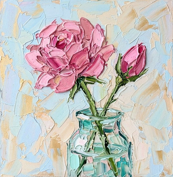 Hand Painted Canvas Art, Blooming Rose Flower in Glass Vase, Still Life Painting, Impasto Heavy Texutre Art, Small Canvas Artwork, Original Flower Paintings-Grace Painting Crafts