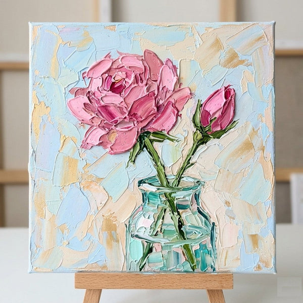 Hand Painted Canvas Art, Blooming Rose Flower in Glass Vase, Still Life Painting, Impasto Heavy Texutre Art, Small Canvas Artwork, Original Flower Paintings-Grace Painting Crafts