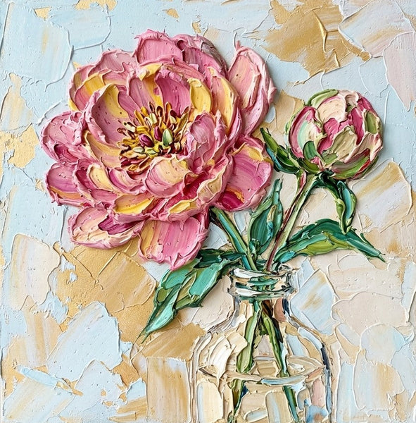Impasto Heavy Texutre Art, Hand Painted Canvas Art, Blooming Pink Peony in Glass Vase, Still Life Painting, Small Canvas Artwork, Original Flower Paintings-Grace Painting Crafts