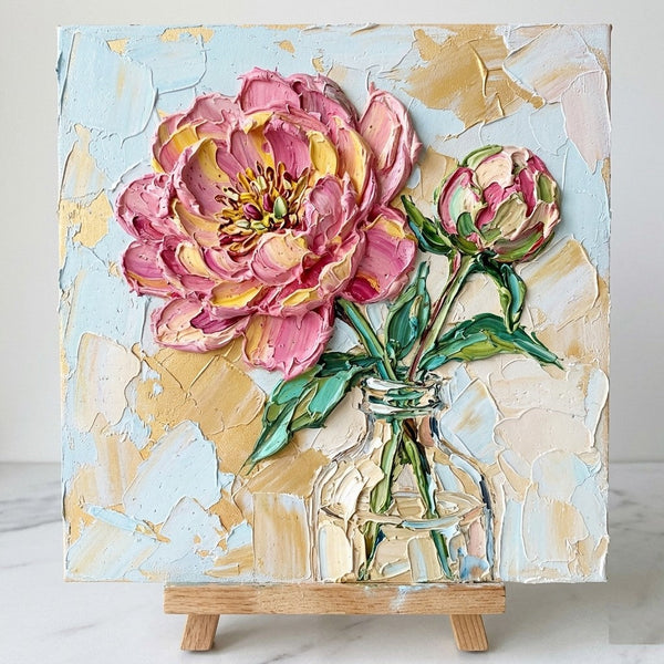 Impasto Heavy Texutre Art, Hand Painted Canvas Art, Blooming Pink Peony in Glass Vase, Still Life Painting, Small Canvas Artwork, Original Flower Paintings-Grace Painting Crafts