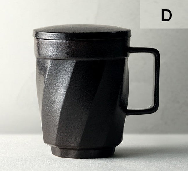 Large Modern Handmade Pottery Coffee Cup, Creative Brown Green Blue Black Ceramic Coffee Mugs, Large Unique Tea Cup, Large Capacity Coffee Mug with Cover-Grace Painting Crafts