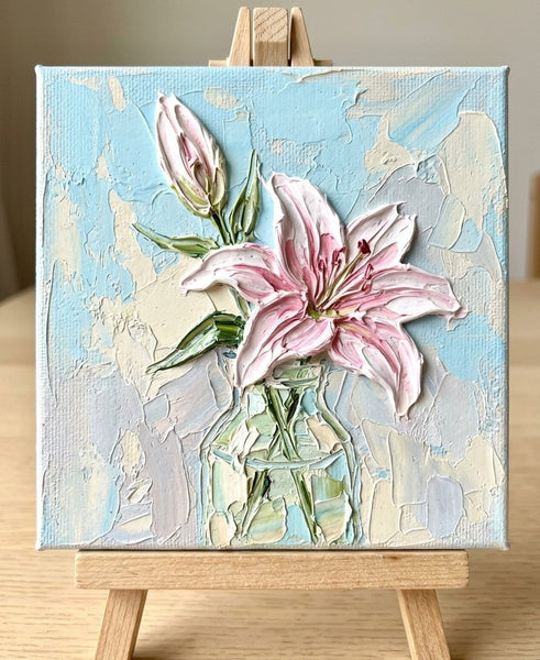 Hand Painted Canvas Art, Lily Flower in Glass Vase, Still Life Painting, Original Acrylic Flower Paintings, Impasto Artwork, Small Canvas Artwork-Grace Painting Crafts