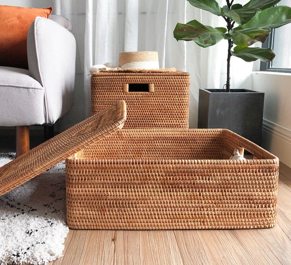Rattan Rectangular Storage Basket with Lid, Extra Large Storage Baskets for Clothes, Storage Baskets for Bedroom, Woven Storage Baskets for Living Room-Grace Painting Crafts