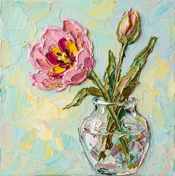 Original Oil Painting on Canvas, Pink Tulip in Glass Vase, Hand Painted Canvas Artwork, Original Flower Paintings, Small Canvas Artwork for Sale, Impasto Canvas Art-Grace Painting Crafts