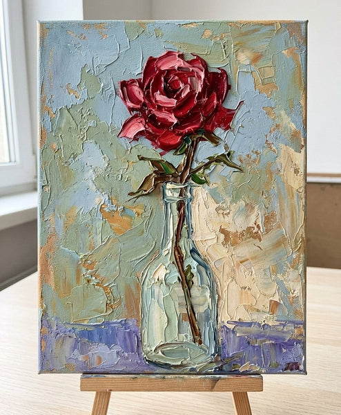 Impasto Red Rose in Glass Vase, Original Oil Paintings, Hand Painted Canvas Art, Original Flower Paintings, Small Canvas Artwork, Impasto Canvas Artwork-Grace Painting Crafts