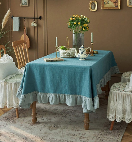 Extra Large Rectangle Tablecloth for Dining Room Table, Blue Modern Long Table Cover, Ramie Tablecloth for Home Decoration, Square Tablecloth for Round Table-Grace Painting Crafts