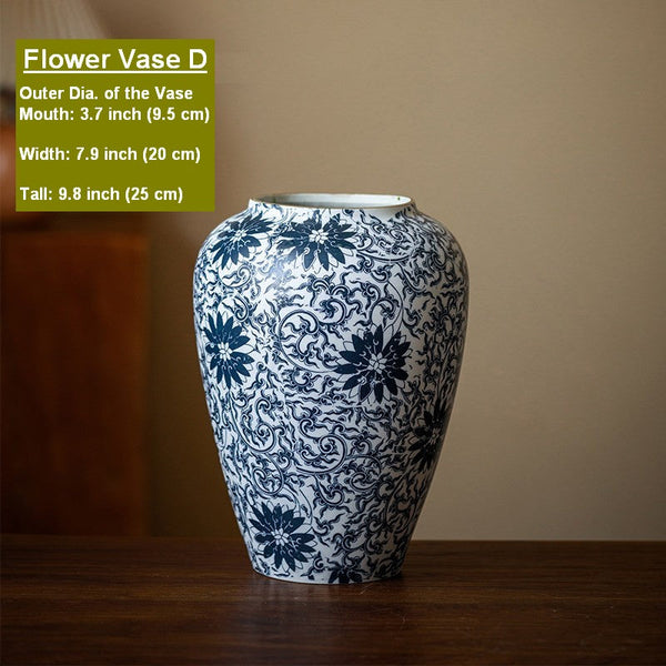 Centerpiece on Dining Table, Large Blue Flower Vase on Table, Vintage Bouquet Flower Vases, Handmade Porcelain Flower Vases Urn, Water Holding Flower Vases-Grace Painting Crafts