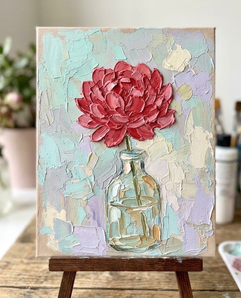 Hand Painted Canvas Artwork, Original Oil Painting on Canvas, Red Peony in Glass Vase, Original Flower Paintings, Small Canvas Artwork for Sale, Impasto Canvas Art-Grace Painting Crafts