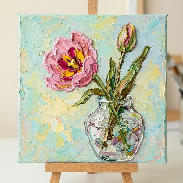 Original Oil Painting on Canvas, Pink Tulip in Glass Vase, Hand Painted Canvas Artwork, Original Flower Paintings, Small Canvas Artwork for Sale, Impasto Canvas Art-Grace Painting Crafts