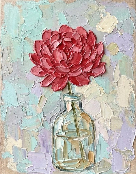Hand Painted Canvas Artwork, Original Oil Painting on Canvas, Red Peony in Glass Vase, Original Flower Paintings, Small Canvas Artwork for Sale, Impasto Canvas Art-Grace Painting Crafts