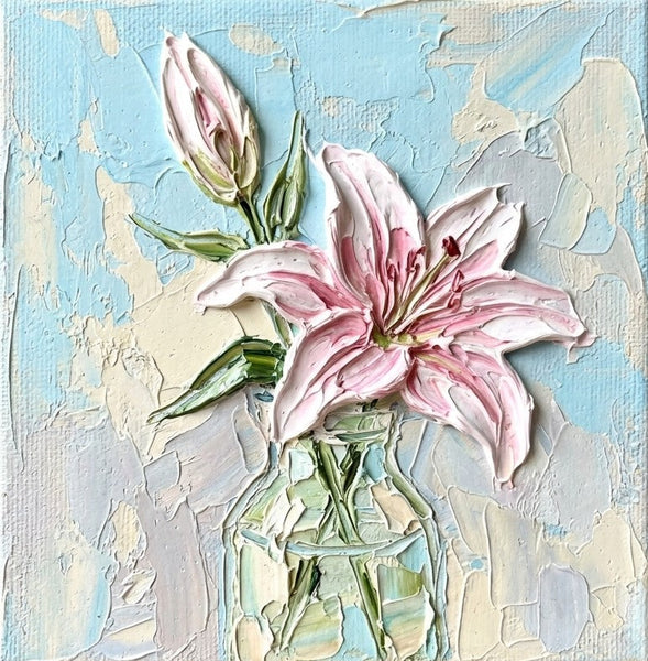 Hand Painted Canvas Art, Lily Flower in Glass Vase, Still Life Painting, Original Acrylic Flower Paintings, Impasto Artwork, Small Canvas Artwork-Grace Painting Crafts