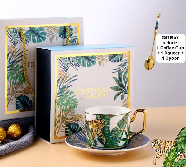 Coffee Cups with Gold Trim and Gift Box, Jungle Leopard Pattern Porcelain Coffee Cups, Tea Cups and Saucers-Grace Painting Crafts