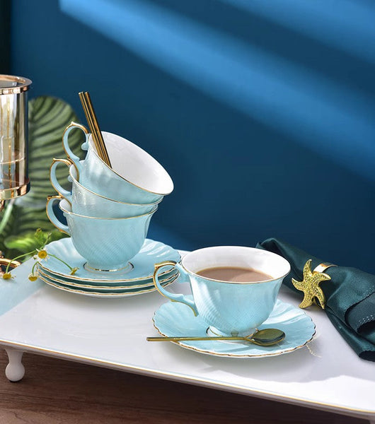 Elegant British Tea Cup and Saucer in Gift Box, Blue Bone China Porcelain Tea Cup Set, Unique British Ceramic Coffee Cups for Afternoon Tea-Grace Painting Crafts