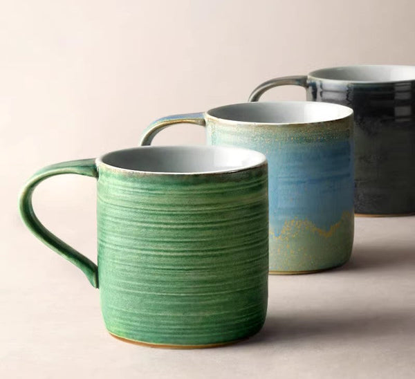 Large Modern Handmade Pottery Coffee Cup, Large Capacity Coffee Mugs, Creative Handmade Coffee Mugs, Blue Green Black Ceramic Coffee Mugs-Grace Painting Crafts