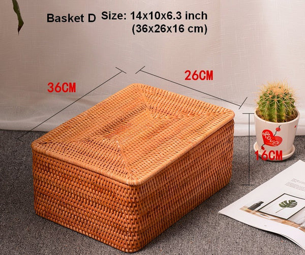 Woven Rattan Baskets, Rectangular Basket with Lid, Rectangular Storage Baskets, Storage Basket for Bedroom, Kitchen Storage Baskets-Grace Painting Crafts