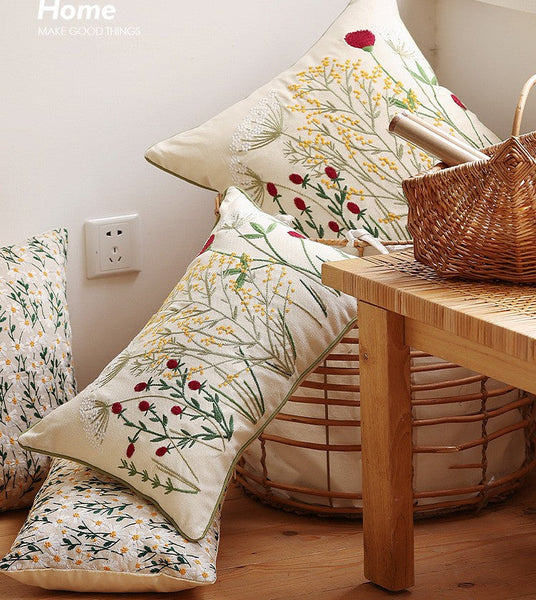Decorative Pillows for Couch, Farmhouse Decorative Pillows for Sofa, Embroider Flower Cotton Pillow Covers, Spring Flower Decorative Pillows for Bedroom-Grace Painting Crafts