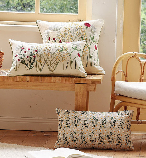 Decorative Pillows for Couch, Farmhouse Decorative Pillows for Sofa, Embroider Flower Cotton Pillow Covers, Spring Flower Decorative Pillows for Bedroom-Grace Painting Crafts