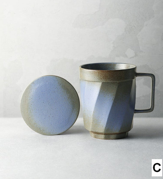 Creative Brown Green Blue Black Ceramic Coffee Mugs, Large Modern Handmade Pottery Coffee Cup, Large Unique Tea Cup, Large Capacity Coffee Mug with Cover-Grace Painting Crafts