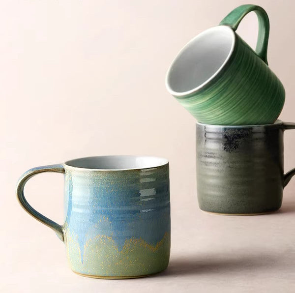 Large Modern Handmade Pottery Coffee Cup, Large Capacity Coffee Mugs, Creative Handmade Coffee Mugs, Blue Green Black Ceramic Coffee Mugs-Grace Painting Crafts