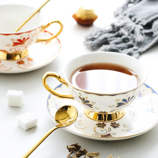 Tea Cup and Saucer, Coffee Cups with Gold Trim and Gift Box, British Tea Cups, Porcelain Coffee Cups, Latte Coffee Cups-Grace Painting Crafts