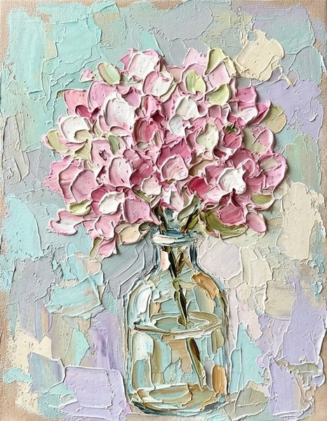 Original Acrylic Painting on Canvas, Pink Hydrangea Flowers in Glass Vase, Original Flower Paintings, Small Canvas Artwork for Sale, Impasto Canvas Art, Hand Painted Canvas Artwork-Grace Painting Crafts