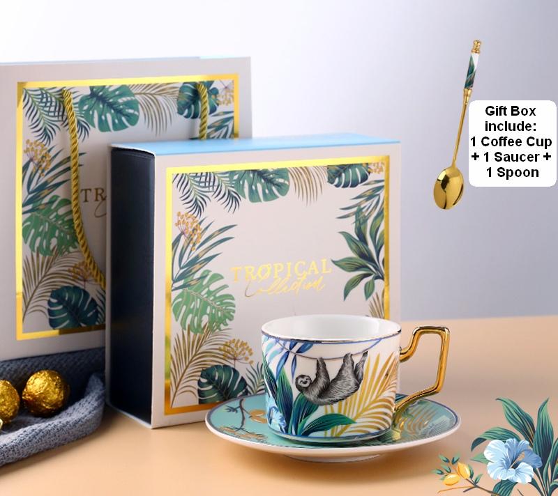 Elegant Porcelain Coffee Cups, Coffee Cups with Gold Trim and Gift Box, Tea Cups and Saucers, Jungle Animal Porcelain Coffee Cups-Grace Painting Crafts