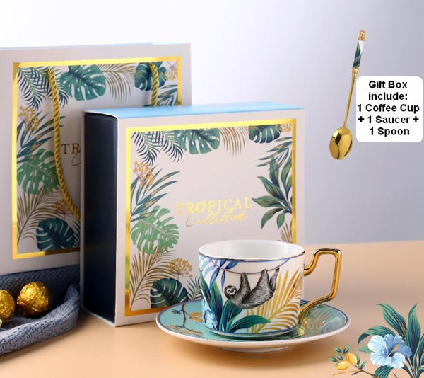 Elegant Tea Cup and Saucer, Jungle Toucan Pattern Porcelain Coffee Cups, 7.4 oz Coffee Cups with Gold Trim and Gift Box-Grace Painting Crafts