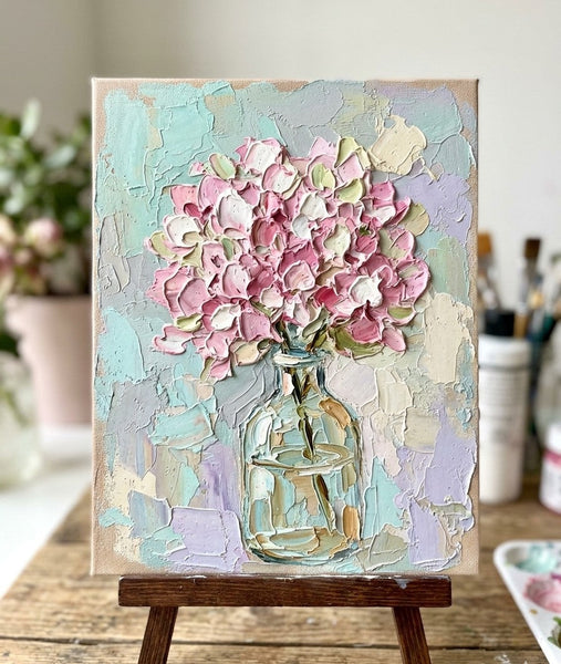 Original Acrylic Painting on Canvas, Pink Hydrangea Flowers in Glass Vase, Original Flower Paintings, Small Canvas Artwork for Sale, Impasto Canvas Art, Hand Painted Canvas Artwork-Grace Painting Crafts