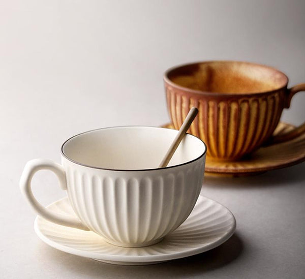 Pink Pottery Coffee Cups, Cappuccino Coffee Mug, Latte Coffee Cup, White Tea Cup, Ceramic Coffee Cup, Coffee Cup and Saucer Set-Grace Painting Crafts