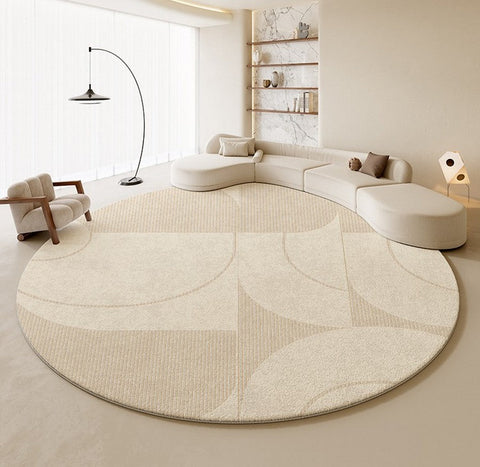 Geometric Circular Rugs for Dining Room, Cream Color Contemporary Modern Rugs, Modern Rugs under Coffee Table, Abstract Modern Round Rugs for Bedroom-Grace Painting Crafts