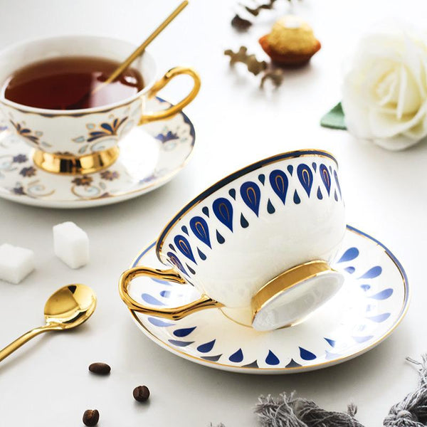 Tea Cup and Saucer, Coffee Cups with Gold Trim and Gift Box, British Tea Cups, Porcelain Coffee Cups, Latte Coffee Cups-Grace Painting Crafts