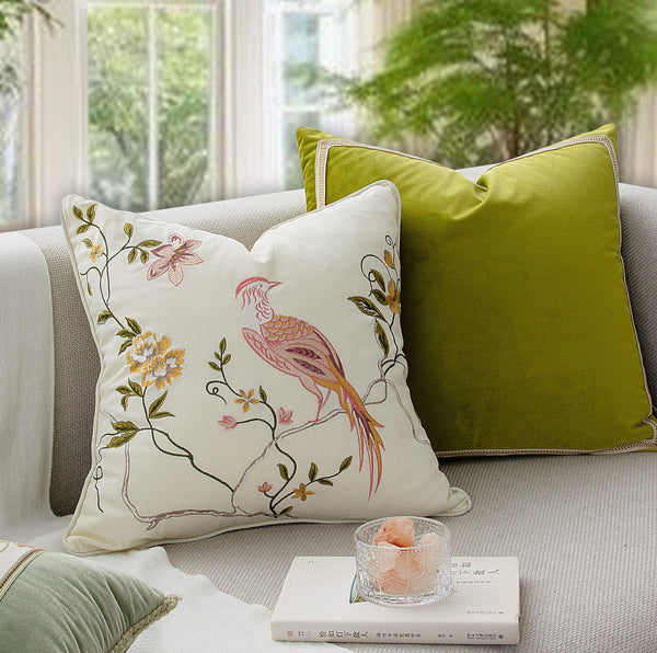 Decorative Pillows for Bed, Living Room Decorative Pillows, Modern Decorative Cushions, Decorative Pillow Arrangement Ideas for Interior Design, Embroidered Floral Bird Pattern Pillow Covers-Grace Painting Crafts