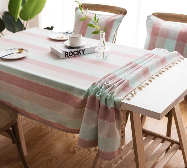 Pink Stripe Cotton and Linen Tablecloths, Rectangular Tablecloth for Oval Table, Rectangular Table Covers for Coffee Table, Modern Table Cloths for Dining Room-Grace Painting Crafts