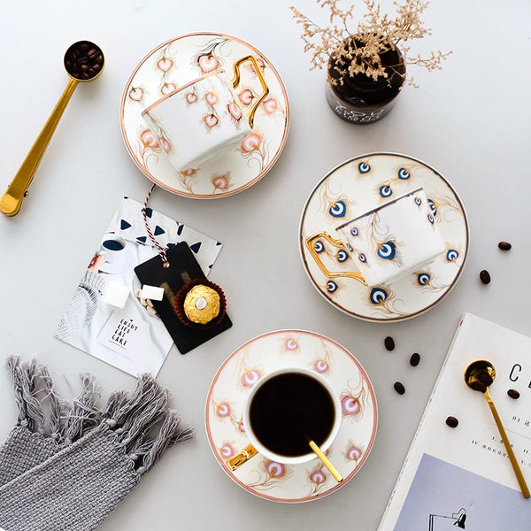 Peacock Tail Pattern Porcelain Coffee Cups, British Tea Cups, Coffee Cups with Gold Trim and Gift Box, Tea Cup and Saucer-Grace Painting Crafts