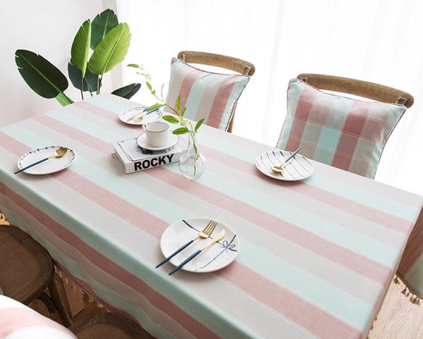 Pink Stripe Cotton and Linen Tablecloths, Rectangular Tablecloth for Oval Table, Rectangular Table Covers for Coffee Table, Modern Table Cloths for Dining Room-Grace Painting Crafts
