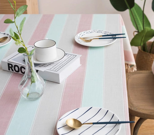 Pink Stripe Cotton and Linen Tablecloths, Rectangular Tablecloth for Oval Table, Rectangular Table Covers for Coffee Table, Modern Table Cloths for Dining Room-Grace Painting Crafts