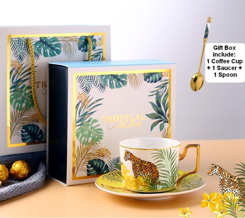 Coffee Cups with Gold Trim and Gift Box, Jungle Leopard Pattern Porcelain Coffee Cups, Tea Cups and Saucers-Grace Painting Crafts