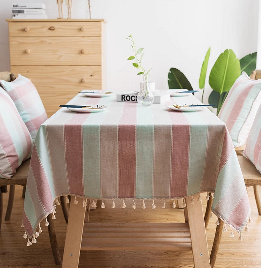Rectangular Tablecloth for Oval Table, Rectangular Table Covers for Coffee Table, Pink Stripe Cotton and Linen Tablecloths, Modern Table Cloths for Dining Room-Grace Painting Crafts