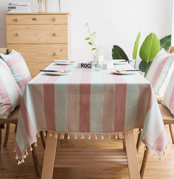 Rectangular Tablecloth for Oval Table, Rectangular Table Covers for Coffee Table, Pink Stripe Cotton and Linen Tablecloths, Modern Table Cloths for Dining Room-Grace Painting Crafts