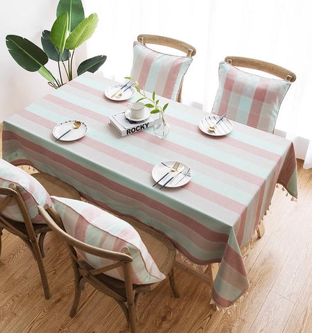 Pink Stripe Cotton and Linen Tablecloths, Rectangular Tablecloth for Oval Table, Rectangular Table Covers for Coffee Table, Modern Table Cloths for Dining Room-Grace Painting Crafts