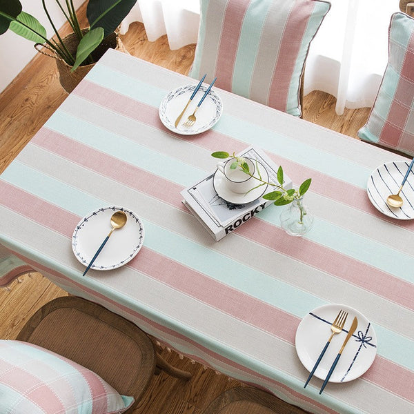 Rectangular Tablecloth for Oval Table, Rectangular Table Covers for Coffee Table, Pink Stripe Cotton and Linen Tablecloths, Modern Table Cloths for Dining Room-Grace Painting Crafts